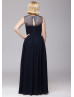 Sheer Neck Navy Blue Chiffon Affordable Bridesmaid Dress